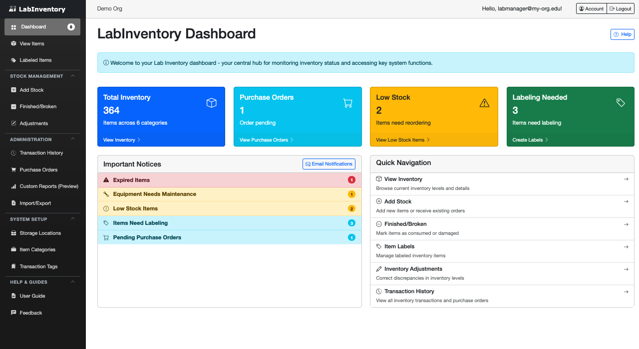 Lab inventory dashboard